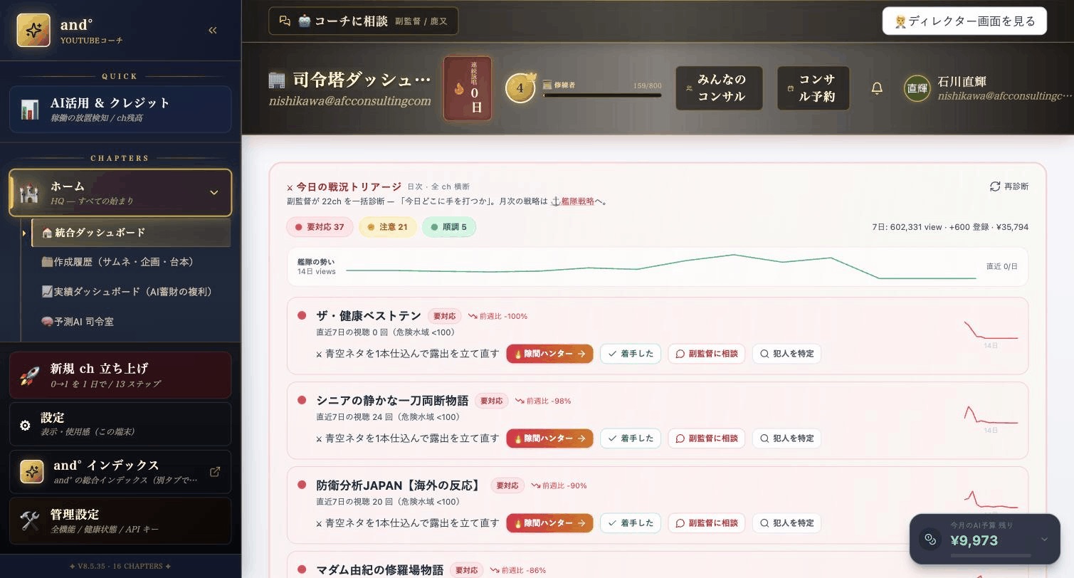 YouTubeコーチ 司令塔ダッシュボード（実画面）